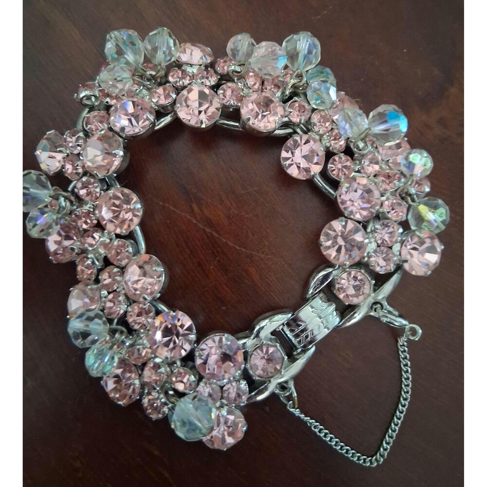 Juliana D&E cha cha bracelet, pink stones, fauceted dangle aurora borealis AB cr